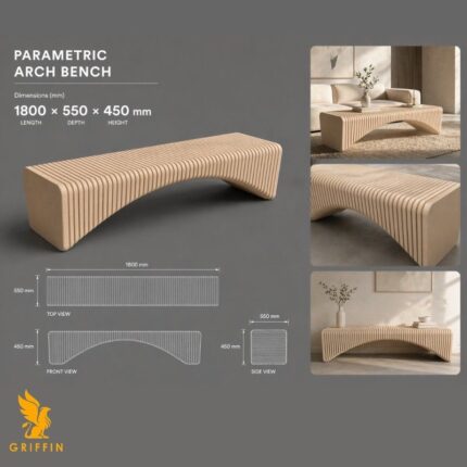 Minimalist product board showing a ribbed parametric arch bench in light wood, with renders, detail views, and dimension drawings (1800 × 550 × 450 mm) on a clean grey background.
