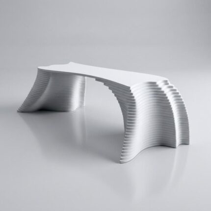 Parametric white desk with curved design and ribbed base