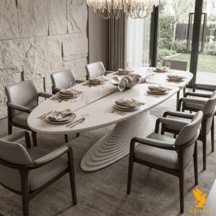 Modern Hull dining table with sculptural base and glossy curved top in luxury interior