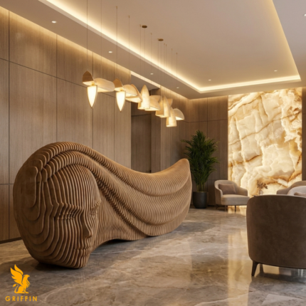 Rapunzel parametric reception desk with layered curved design
